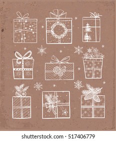 White Christmas gift boxes on brown parcel paper background. Doodle sketch vector illustration. 