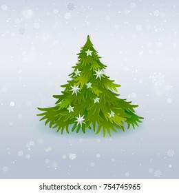 White Christmas and Happy New Year green tree decorated stars and Holidays snow. Paper art craft cat out style. Xmas object on red Holidays background. Seasons Greeting. Vector illustration.