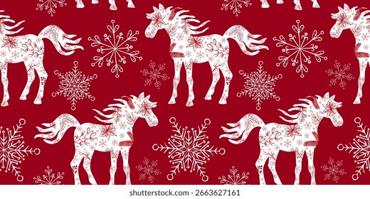 Patrón inconsútil blanco del caballo de la Navidad con las poinsettias y los copos de nieve en el diseño festivo del Vector del invierno del fondo rojo para la tela y las tarjetas