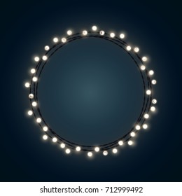 White Christmas incandescent light string wreath on the dark blue background. Vector outdoor patio lights.