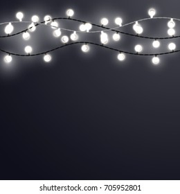 White Christmas incandescent light strings on the dark gray background. Vector outdoor patio lights.