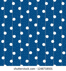 White Christmas lights strings on blue dotted backdrop. Festive winter seamless pattern. Vector flat Xmas garland. Endless background for your design