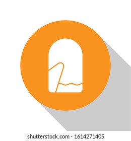 White Christmas mitten icon isolated on white background. Orange circle button. Vector Illustration