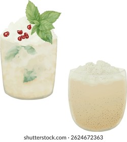 White Christmas Mojito, Eggnog, vector, watercolor, printable illustration, party drinks, bar cocktails, cocktail set, for menu
