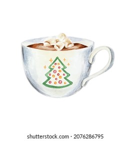 White Christmas mug with hot chocolate and marshmallow hand painted in watercolor isolated on white background
