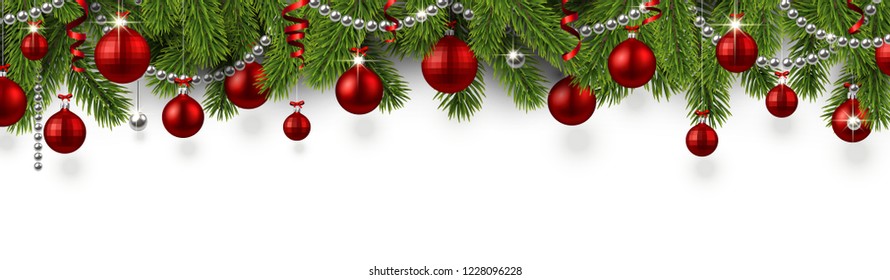 White Christmas and New Year banner with fir branches and red shiny Christmas balls. Festive design. Vector background. White Christmas and New Year banner with fir branches and red shiny Christmas balls. Festive design. Vector background.