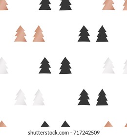 White Christmas and New Year's wrapping paper with Christmas trees of gold and bronze foil. Seamless vector pattern.