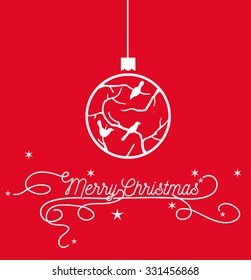 White christmas ornament illustration with branches and birds and merry christmas sign with stars and red background 