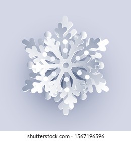 White Christmas paper cut 3d snowflakes with shadow on background. New year and Christmas design elements.