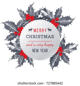 White Christmas paper emblem with type design over background with holly leaves