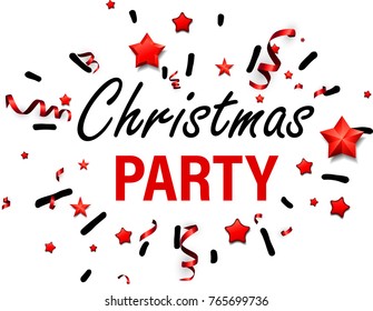 White Christmas party print with red stars and serpentine. Vector paper illustration.