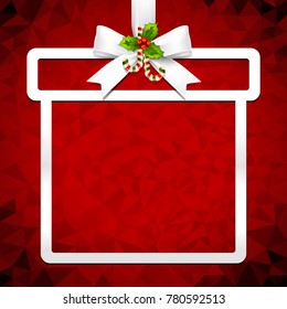 White Christmas ribbon bow and hanged gift box frame vector with abstract polygonal background