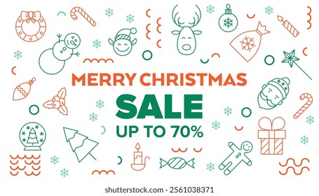 White Christmas Sale Line Banner. Vector Illustration of Outline and Contour Style. Merry Xmas. Seasonal Greetings. Discount Up to 70% Promotion.