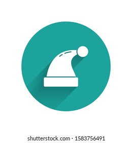 White Christmas Santa Claus hat icon isolated with long shadow. Merry Christmas and Happy New Year. Green circle button. Vector Illustration White Christmas Santa Claus hat icon isolated with long shadow. Merry Christmas and Happy New Year. Green circle button. Vector Illustration