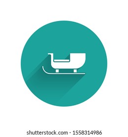 White Christmas santa claus sleigh icon isolated with long shadow. Merry Christmas and Happy New Year. Green circle button. Vector Illustration