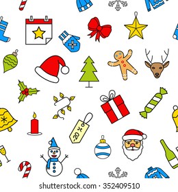 White Christmas seamless pattern made with outline icons in flat style. Abstract backgrounds. Backdrop mobile smart phone tablet desktop wallpaper banner web design element scrap booking textile