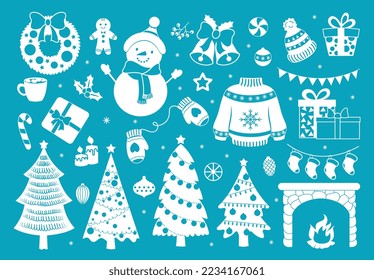 White Christmas set. Collection of stickers for social networks. Winter holidays and New Year. Culture and traditions, festival. Cartoon flat vector illustrations isolated on blue background