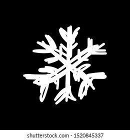 White Christmas snowflake drawn by messy lines on a black background. Laconic winter holiday symbol of the New Year. Festive Tangled line art decoration element - vector stock illustration