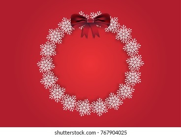 White Christmas snowflake garland with red ribbon, Christmas and Happy New Year background vector illustration 3d