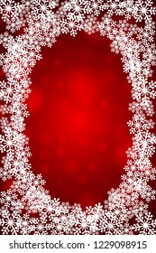 White Christmas snowflakes blank oval frame vector illustration. Greeting card red winter background with copy space. Happy New Year.