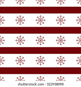 White Christmas snowflakes on red holiday vector background seamless pattern, red and white stripes