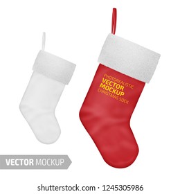 White christmas sock with hang. Photo-realistic mockup template with sample design. Vector 3d illustration.