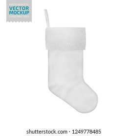 White christmas sock with hang. Photo-realistic mockup template. Vector 3d illustration.