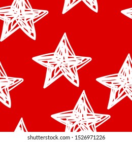 White Christmas Stars seamless pattern on Red background. New Year hand drawn vector illustration with Christmas decorations for wallpapers, backgrounds, posters, wrapping paper, textile.Tangled lines