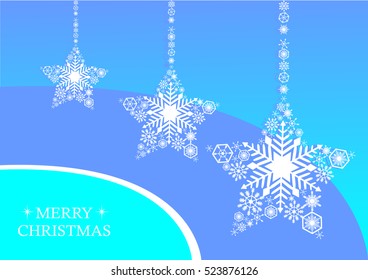 White christmas stars with snowflakes on a blue background. Holiday card