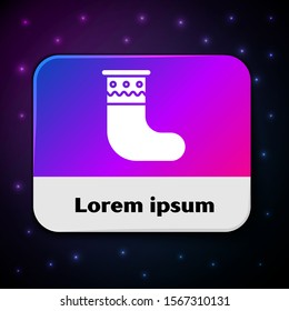 White Christmas stocking icon isolated on black background. Merry Christmas and Happy New Year. Rectangle color button. Vector Illustration