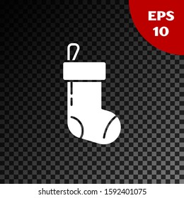 White Christmas stocking icon isolated on transparent dark background. Merry Christmas and Happy New Year.  Vector Illustration