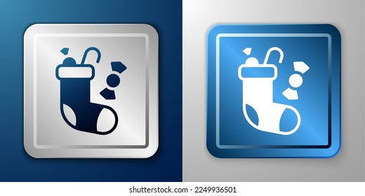 White Christmas stocking icon isolated on blue and grey background. Merry Christmas and Happy New Year. Silver and blue square button. Vector