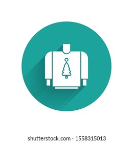 White Christmas sweater with norwegian ornaments and holidays decorations icon isolated with long shadow. Knitted winter jumper. Green circle button. Vector Illustration