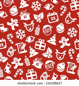 White Christmas symbols on red background. Christmas seamless background.