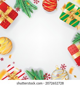 White Christmas Theme Background with Fir Leaves, Snow, Gift Boxes, and Confetti for Sign, Message, Card Vector Illustration