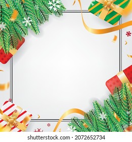 Weißer Weihnachtshintergrund mit Tannenblättern, Schnee, Konfetti und Geschenkbox für Unterschrift, Nachricht, Vektorgrafik