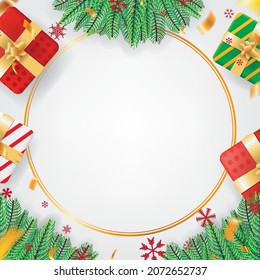 White Christmas Theme Background with Fir Leaves, Snow, Confetti and Gift Boxes for Sign, Message, Card Vector Illustration