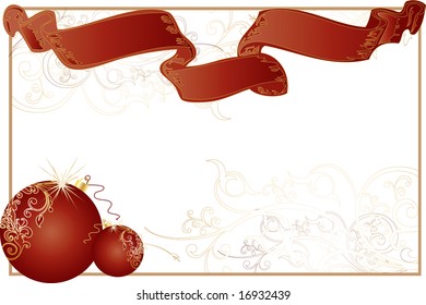 A white christmas themed background frame with intricate patterns, red ribbon and christmas tree toys.