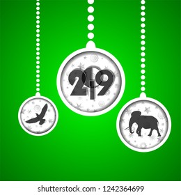 White Christmas toys with stars and snowflakes cuted in paper on green background with animals. New Year 2019 concept. Vector illustration