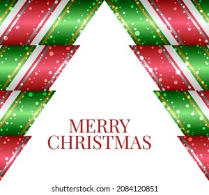 Abstrakter weißer Weihnachtsbaum-Hintergrund. Grünes Band mit goldener Kante abwechselnd rotes Band mit silberner Grenze. Design für Karte, Geschenkverpackung, Deckel, Poster, Gewebe, Textilien, Wand. Vektorgrafik.