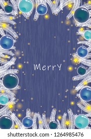 White Christmas tree, Christmas ball and glitter star party light on blue wood texture background vector for decoration on Christmas holiday and winter events.