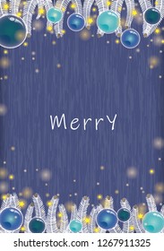 White Christmas tree, Christmas ball and glitter star party light on blue wood texture background vector for decoration on Christmas holiday and winter events.