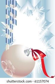 White Christmas tree ball is on the background of frost