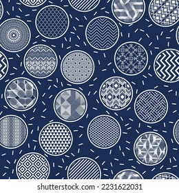 White Christmas tree balls flat vector seamless pattern with ornaments in circles. New Year tree toys on blue. White Christmas balls on dark blue wrapping paper print design.