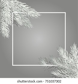 White Christmas tree branch with a square frame on a gray background. Merry Christmas and Happy New Year background for the poster, flyer, banner and cover of the calendar 2018.
