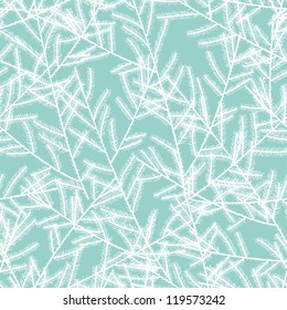 White christmas tree branches on blue background. Seamless pattern. Vector illustration