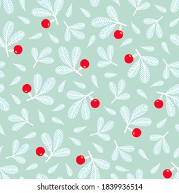 White Christmas tree branches scattered on pastel mint blue background seamless pattern. Neutral winter holiday pattern with red Christmas ornaments.