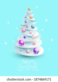 White Christmas tree with colorful balls. Geometric new year card design