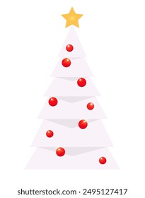  White Christmas tree decorated with red balls and star. Vector illustration