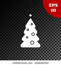 White Christmas tree with decorations icon isolated on transparent dark background. Merry Christmas and Happy New Year.  Vector Illustration